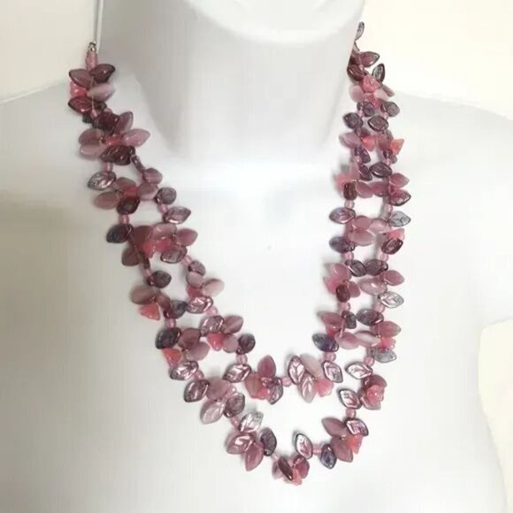 Purple flowers and leaves beaded necklace purple pink - Picture 1 of 9